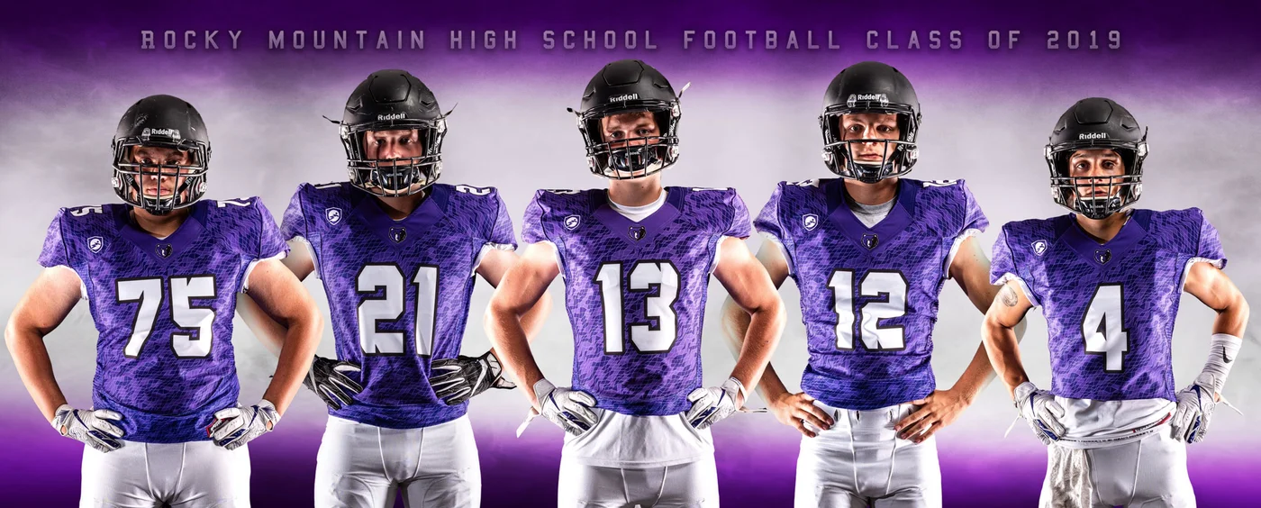 2019 Rocky Mountain High School football panoramic team banner — one of the first panoramic banners produced by Shooting Trio Photography in Meridian Idaho