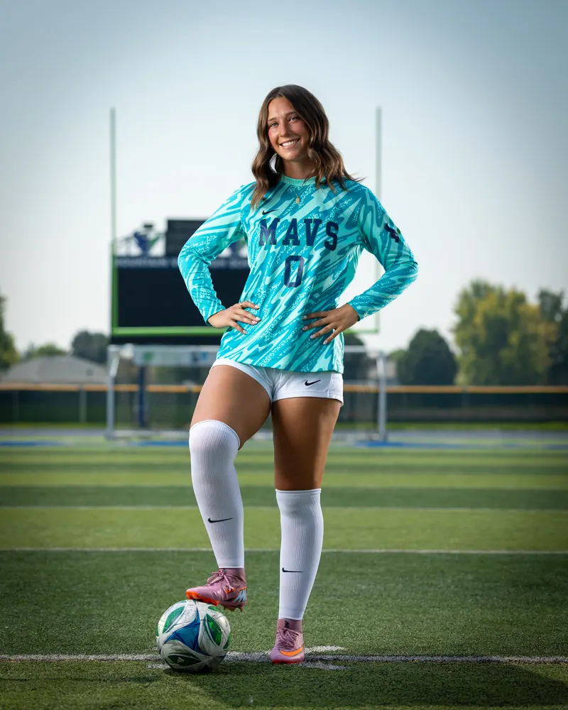 Addyson Crumley #0, Mountain View Mavericks keeper, full length with one foot on the ball and her hands on her hips