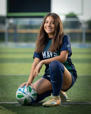 Alexa Martinez #13 full length, kneeling with her hand resting on the ball