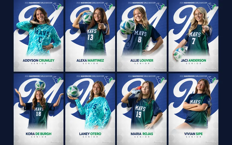 Senior banners for the eight 2026 Mountain View Mavericks girls soccer seniors