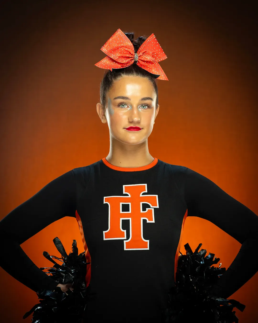 Idaho Falls Tigers cheerleader portrait, Treasure Valley Cheer Invitational