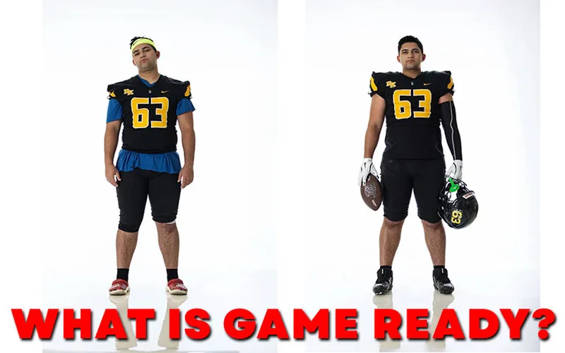 Side-by-side comparison of a football player not game ready versus fully game ready for a sports portrait session