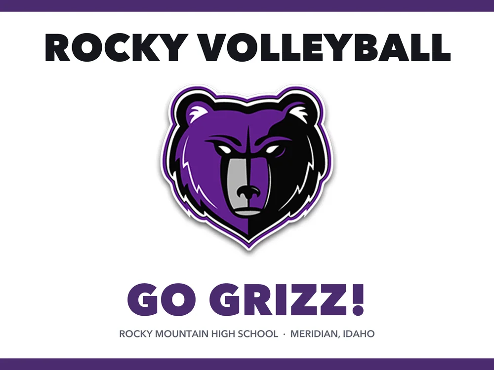 Sample bulk game-day spirit sign: Rocky Volleyball with the Grizzlies bear logo and Go Grizz text, one shared design