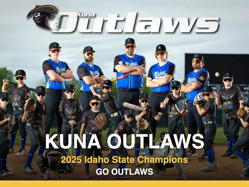 Sample game-day team yard sign: Kuna Outlaws 2025 Idaho State Champions team photo with one shared design for every family