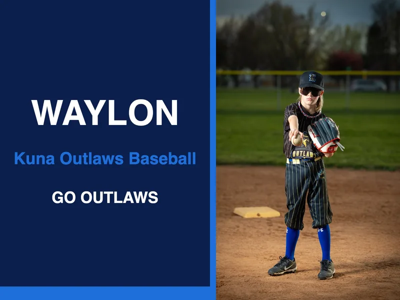 Sample player booster yard sign in the Photo Right style: youth baseball player photo with name and team in team colors