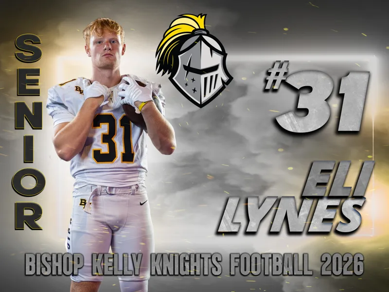 Senior football yard sign sample, Bishop Kelly Knights player sign with smoke and gold design, 18x24 inch full color by Shooting Trio Photography