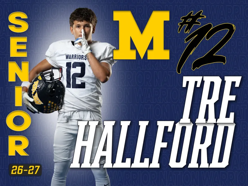 Senior football yard sign sample, Meridian Warriors number 12 player sign in navy and gold, 18x24 inch full color design by Shooting Trio Photography