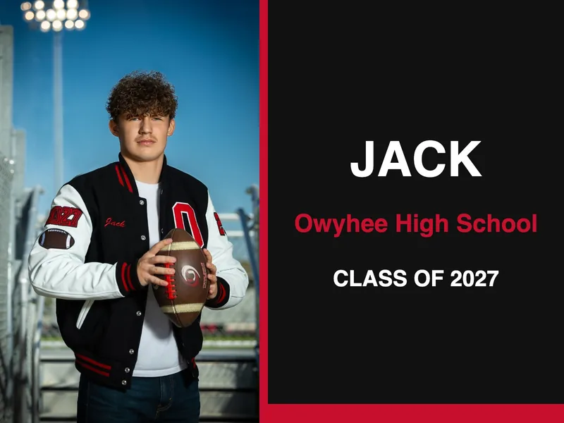 Sample senior grad yard sign in the Photo Left style: senior portrait in a letterman jacket with name, school and class year in school colors